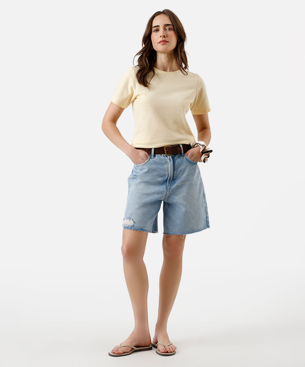 blusa feminina baby look texturizada manga curta amarela