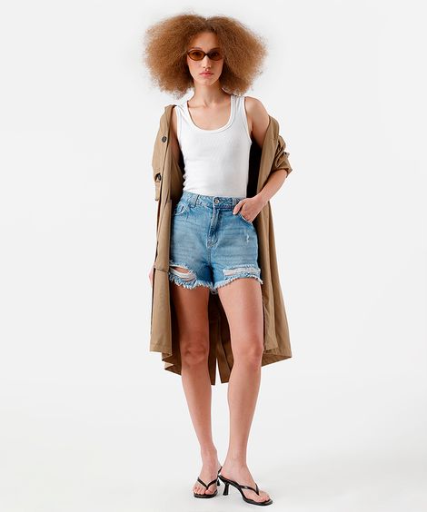 short feminino jeans cintura alta destroyed azul