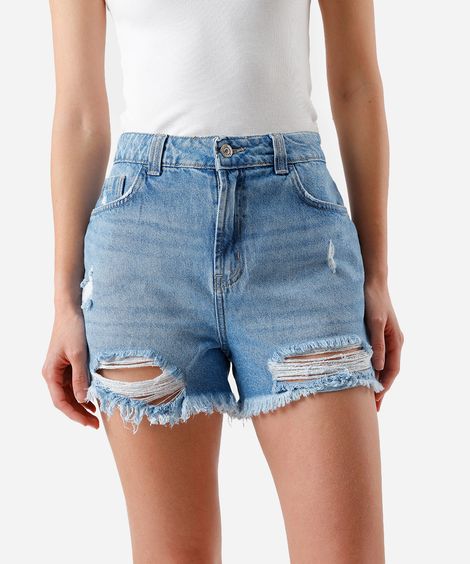 short feminino jeans cintura alta destroyed azul
