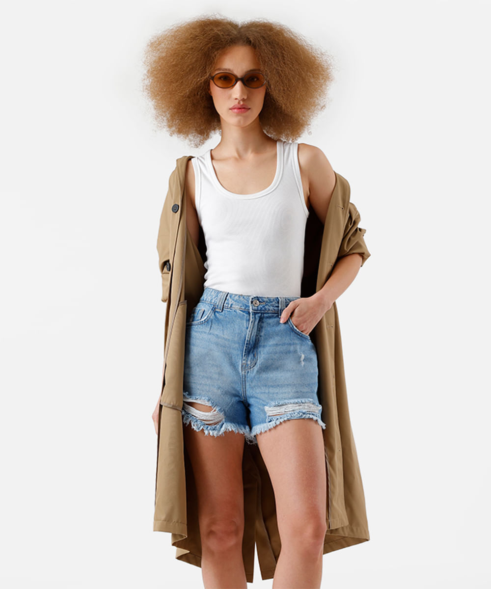 short feminino jeans cintura alta destroyed azul