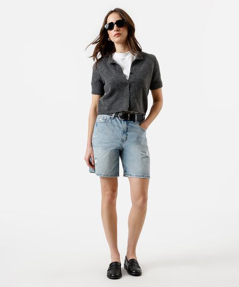bermuda reta feminina jeans destroyed azul