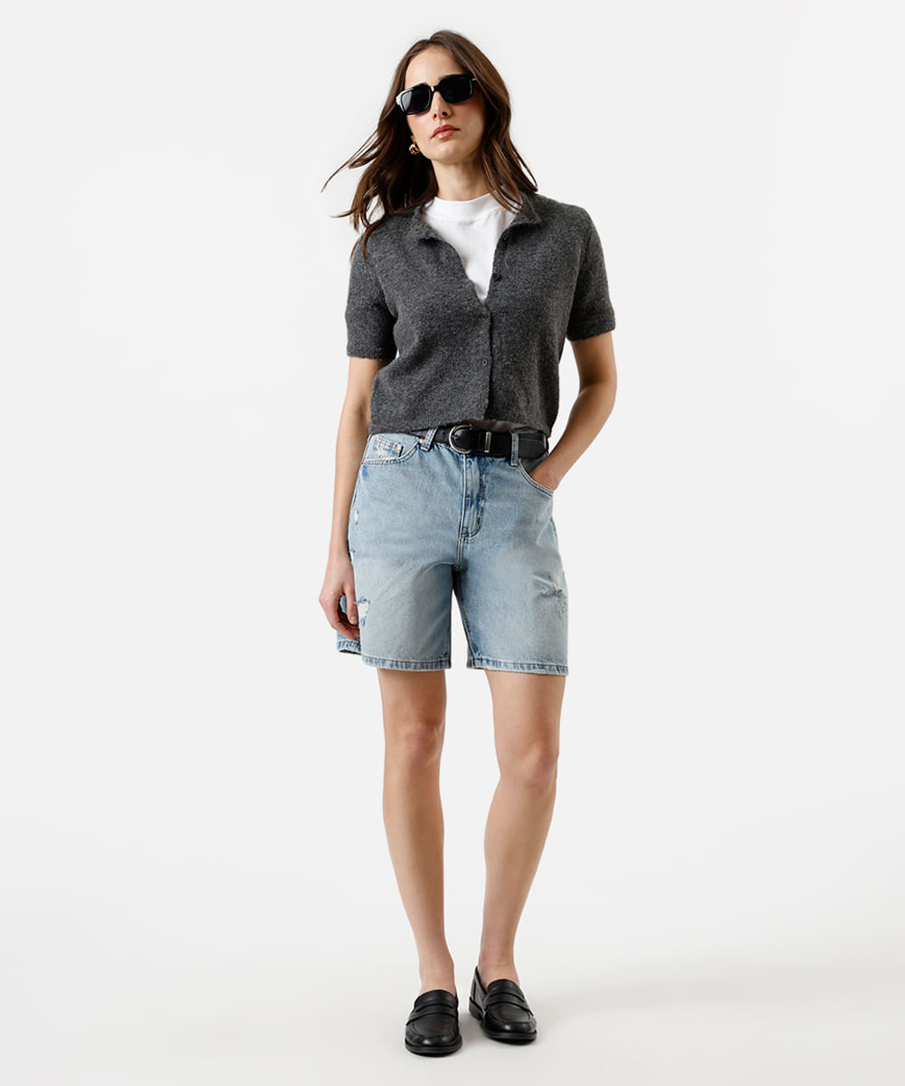 bermuda reta feminina jeans destroyed azul