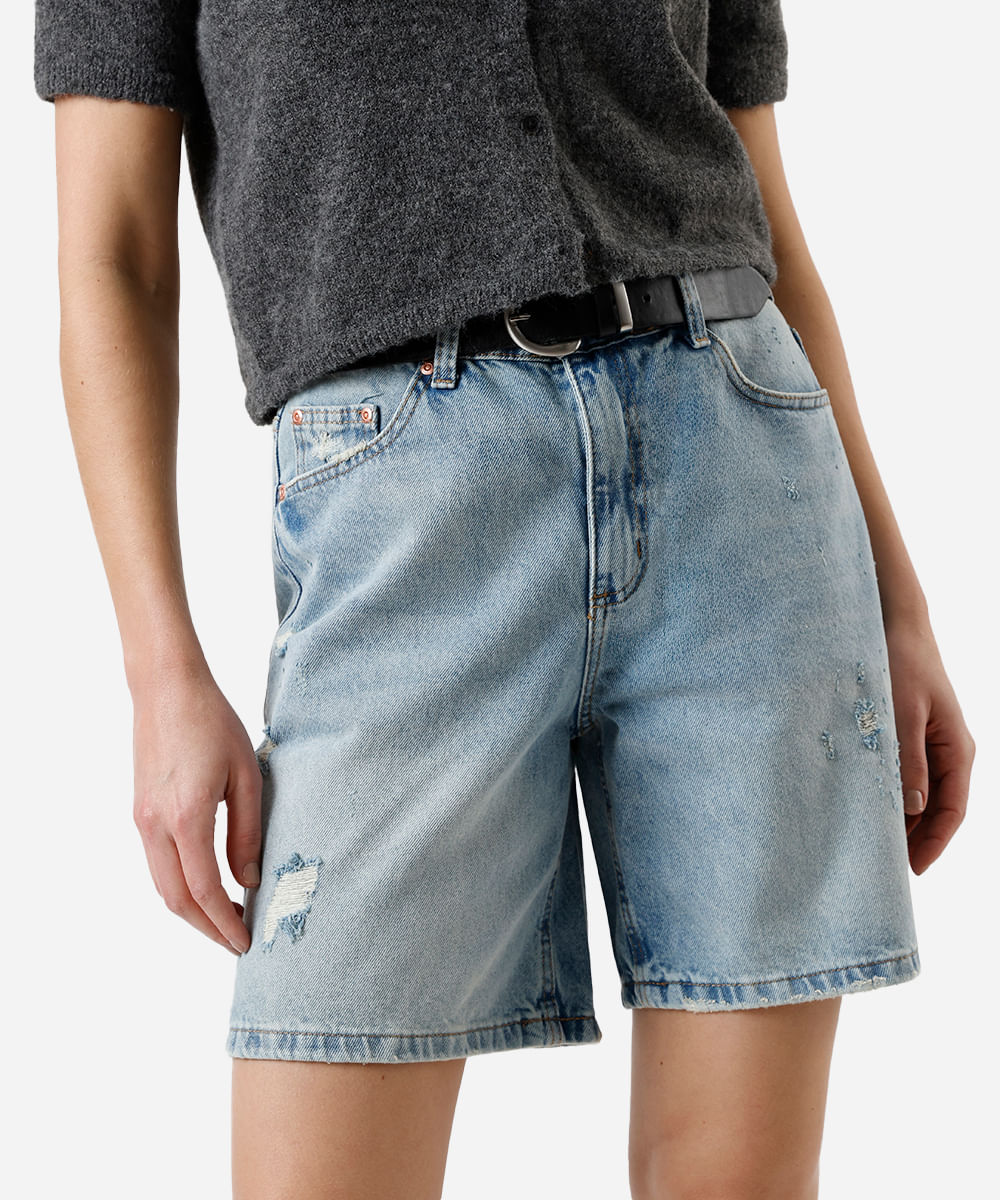 bermuda reta feminina jeans destroyed azul
