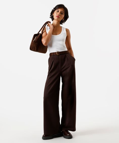 calça wide leg feminina de alfaiataria com pregas marrom