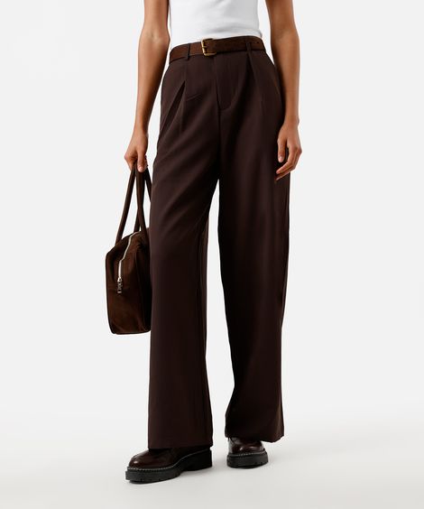 calça wide leg feminina de alfaiataria com pregas marrom