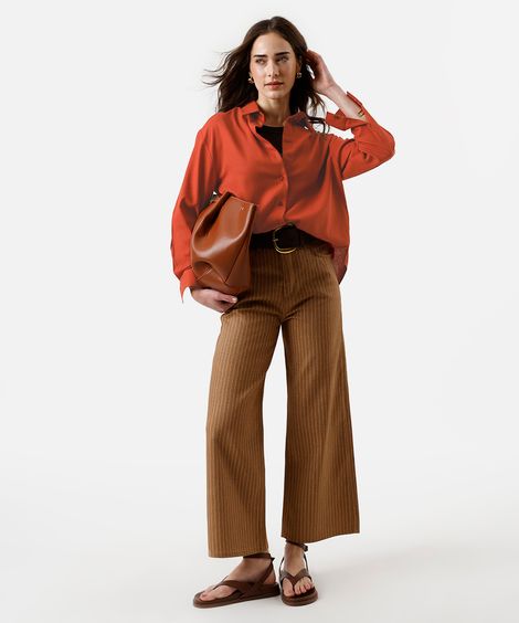 calça wide leg feminina de sarja cropped listrada marrom