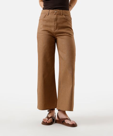 calça wide leg feminina de sarja cropped listrada marrom