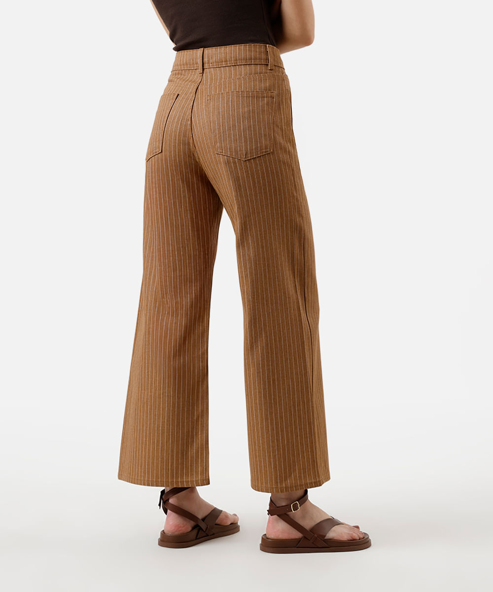 calça wide leg feminina de sarja cropped listrada marrom