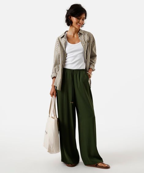 calça estilo pijama feminina de viscose cós elástico verde