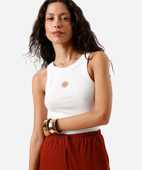 regata feminina com bordado frontal sol off white