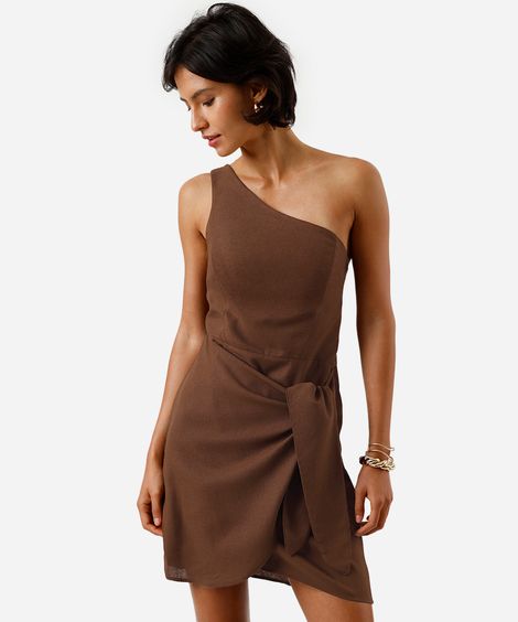 vestido ombro único com linho e amarração marrom