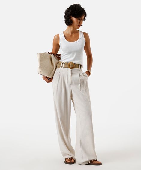 calça reta feminina com linho e cinto bege