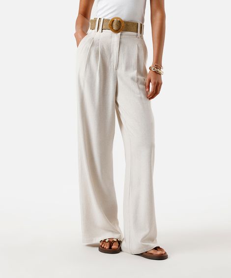 calça reta feminina com linho e cinto bege