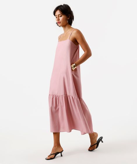 vestido midi feminino alça fina com linho e recorte rosa