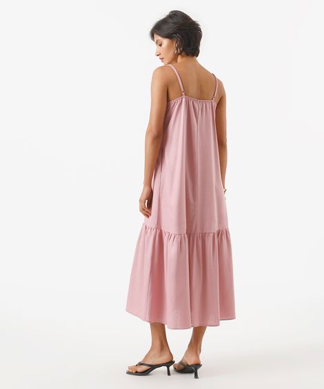 vestido midi feminino alça fina com linho e recorte rosa