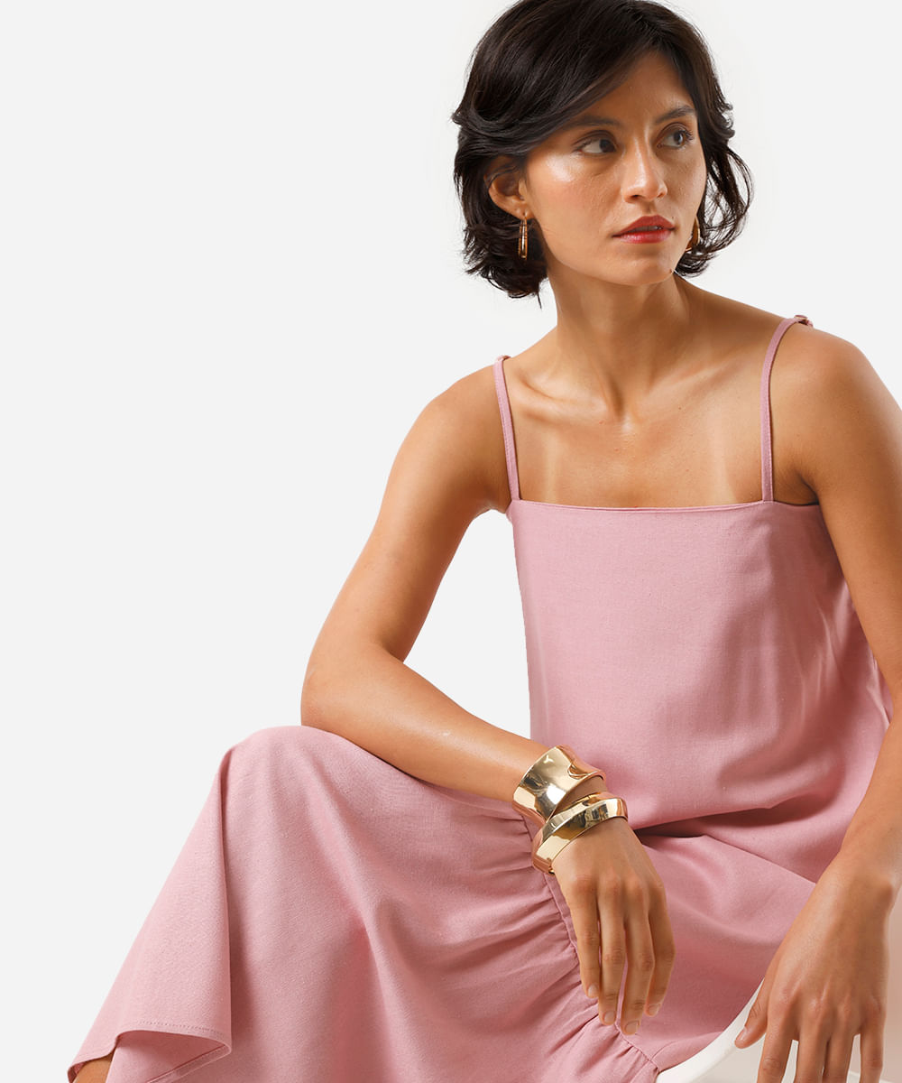 vestido midi feminino alça fina com linho e recorte rosa