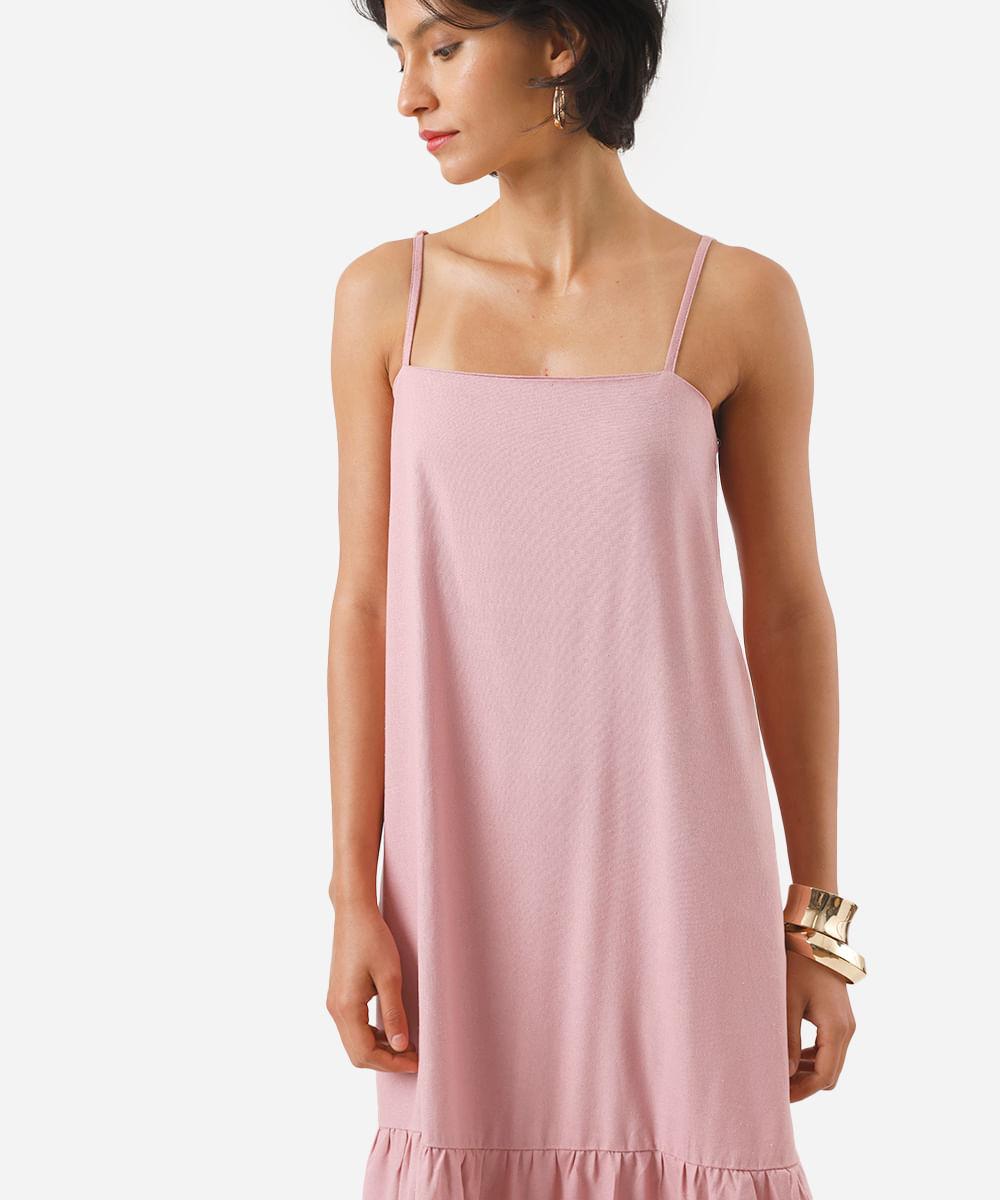 vestido midi feminino alça fina com linho e recorte rosa