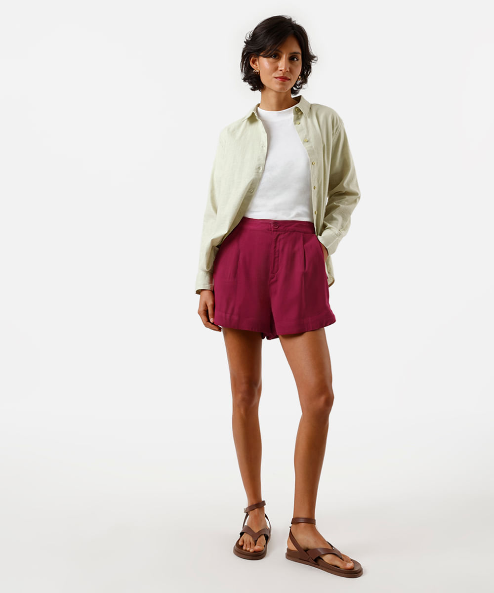 short feminino  de viscose com pregas e cós elástico vinho