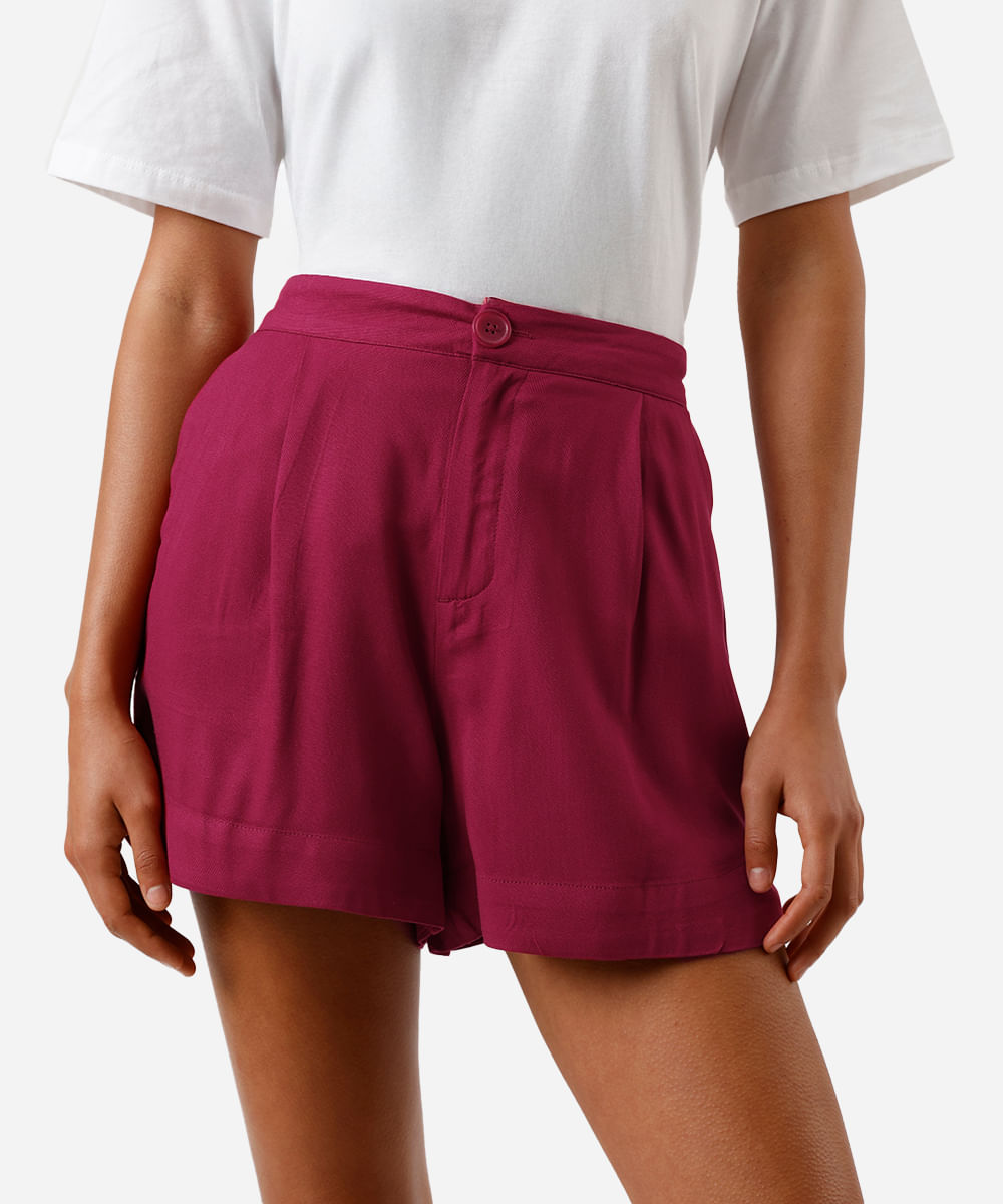 short feminino  de viscose com pregas e cós elástico vinho
