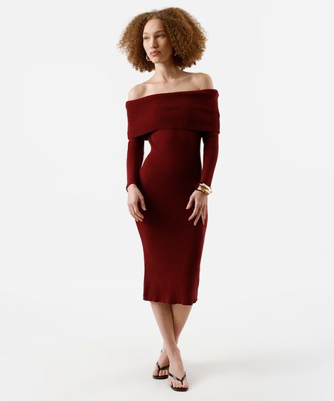 vestido ombro a ombro feminino de tricot canelado vinho