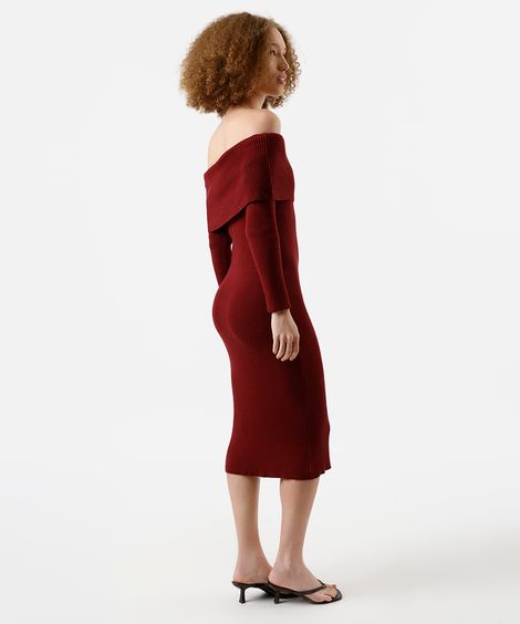 vestido ombro a ombro feminino de tricot canelado vinho