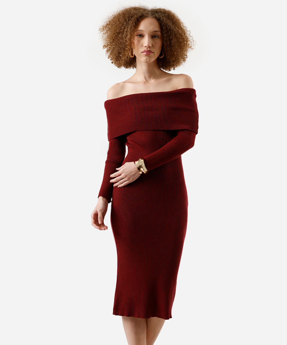 vestido ombro a ombro feminino de tricot canelado vinho