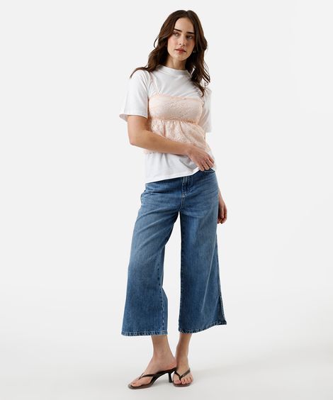 calça wide leg cropped feminina jeans azul