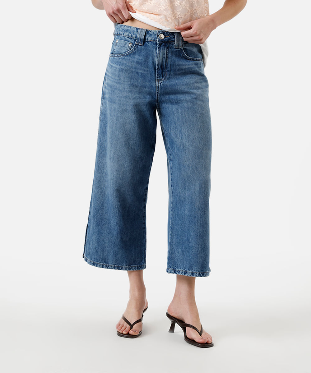 calça wide leg cropped feminina jeans azul