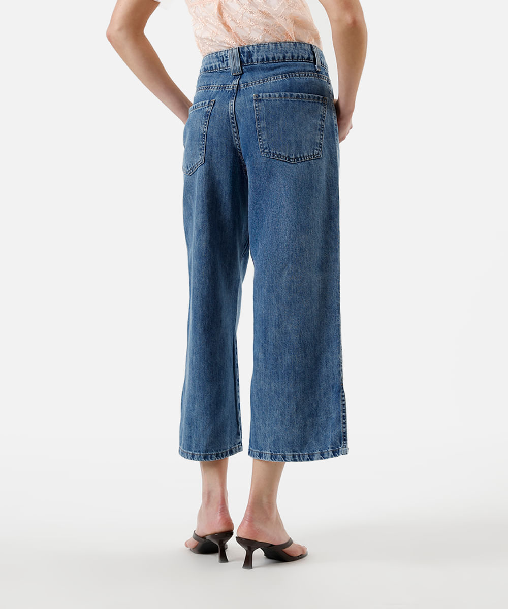 calça wide leg cropped feminina jeans azul