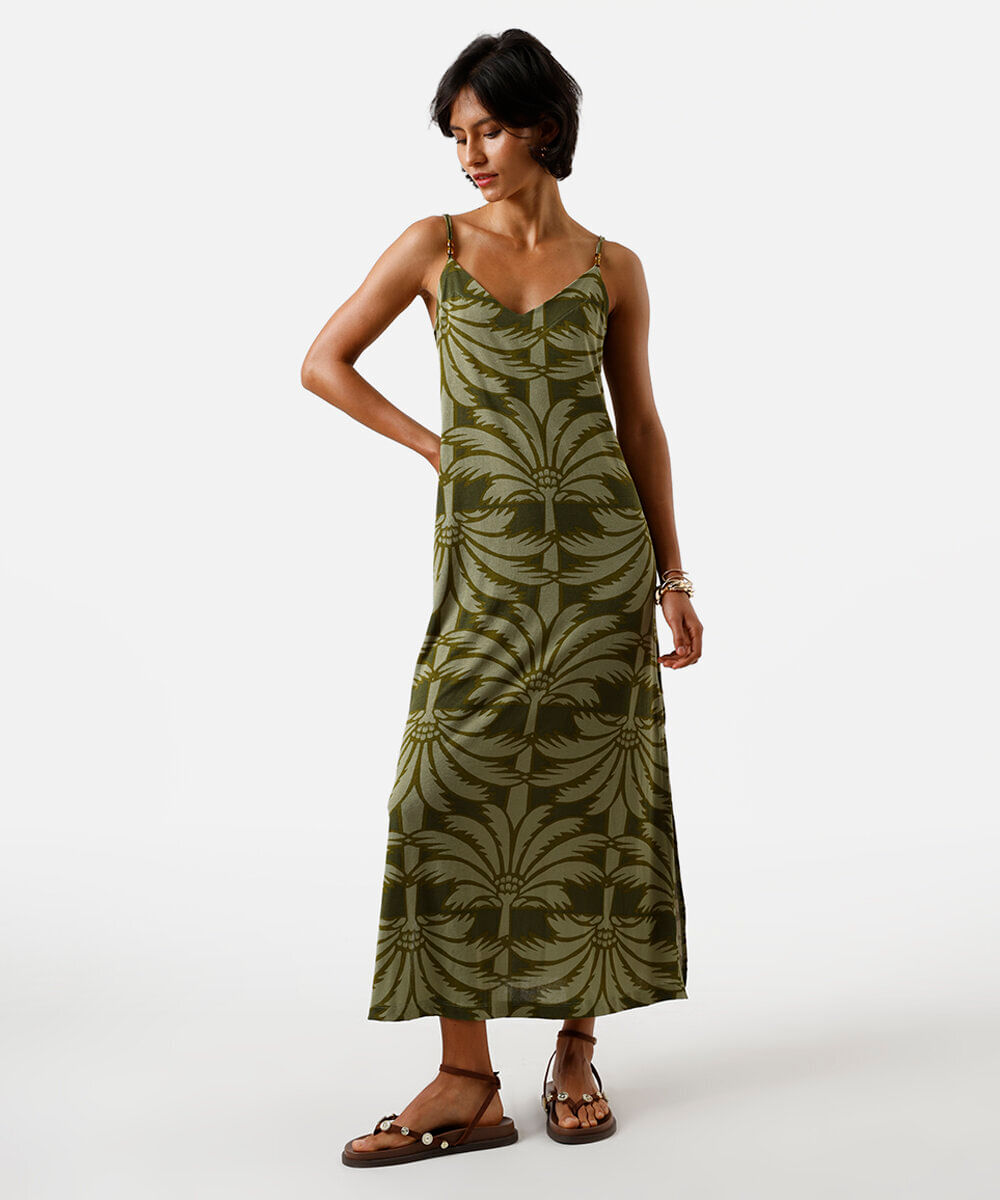 vestido midi feminino de viscose alça fina com fendas folhagens verde
