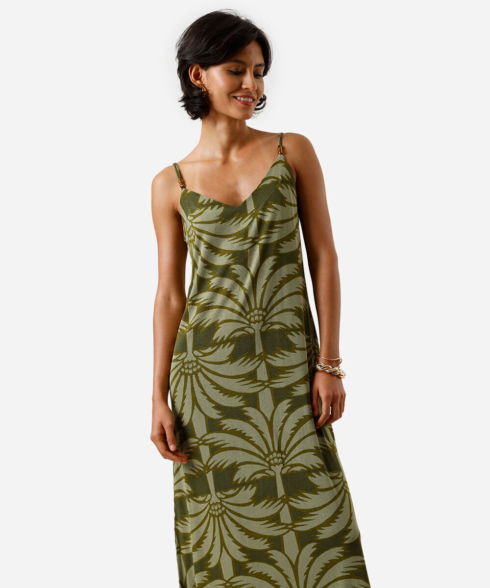 vestido midi feminino de viscose alça fina com fendas folhagens verde