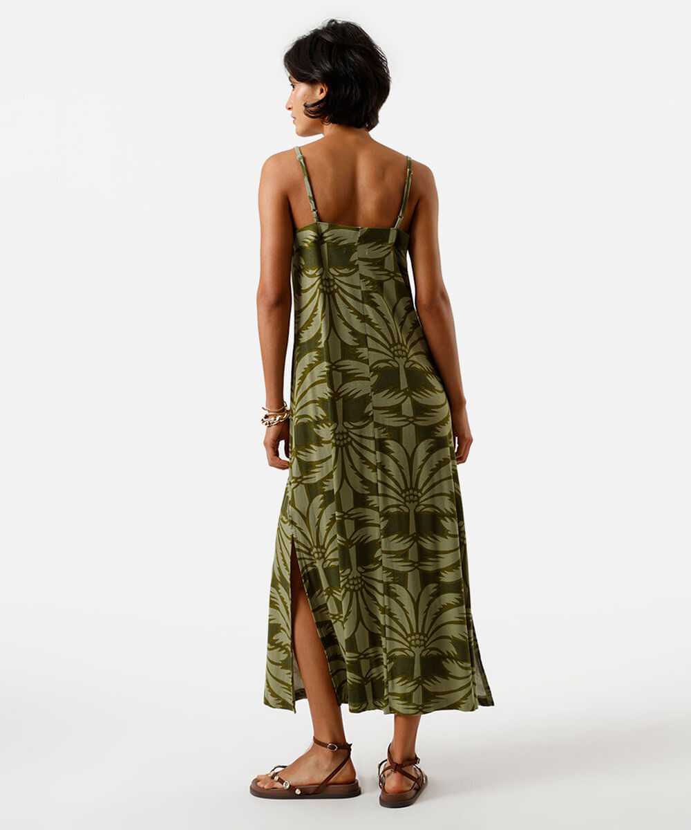 vestido midi feminino de viscose alça fina com fendas folhagens verde