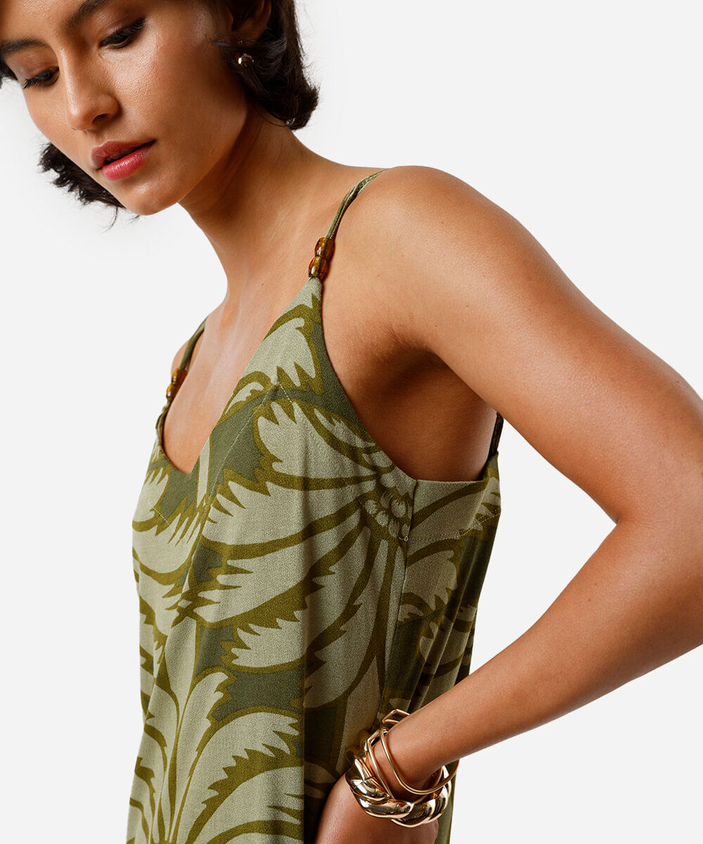 vestido midi feminino de viscose alça fina com fendas folhagens verde