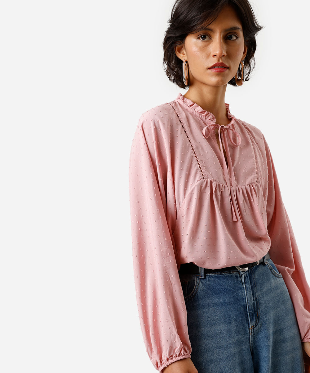 bata feminina de viscose manga bufante texturizada rosa