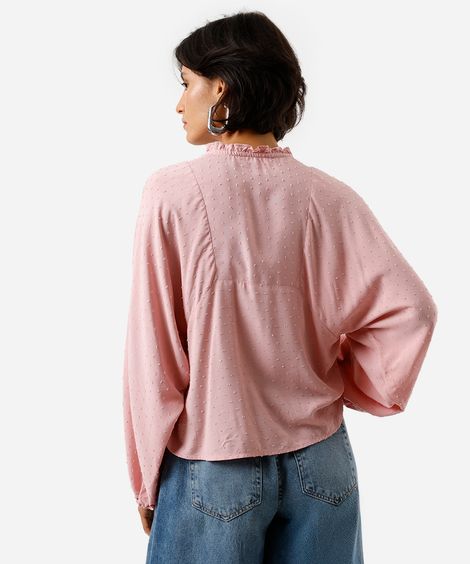 bata feminina de viscose manga bufante texturizada rosa