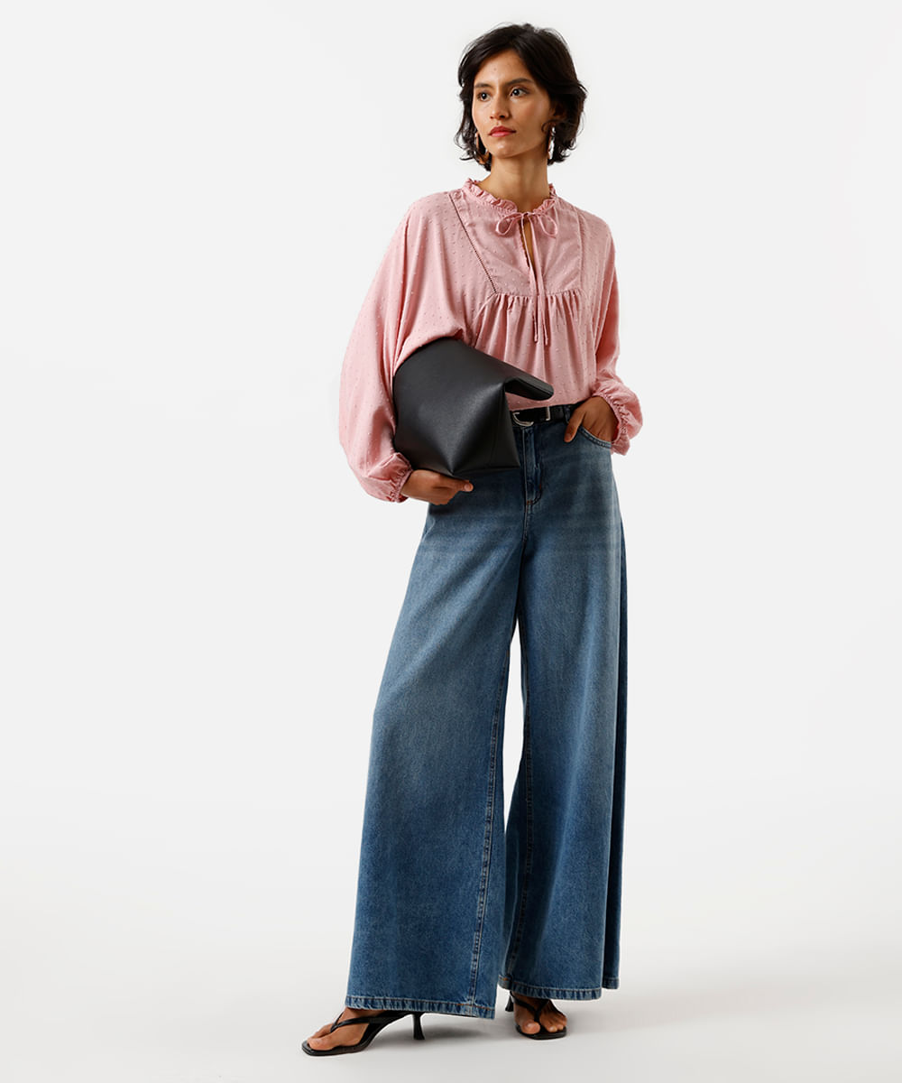 bata feminina de viscose manga bufante texturizada rosa