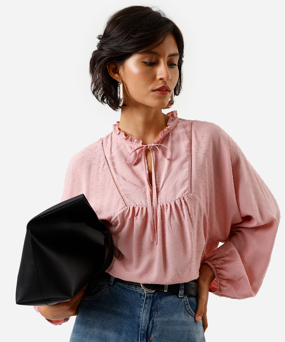 bata feminina de viscose manga bufante texturizada rosa