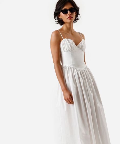 vestido midi feminino de algodão alça fina com recortes e franzidos off white