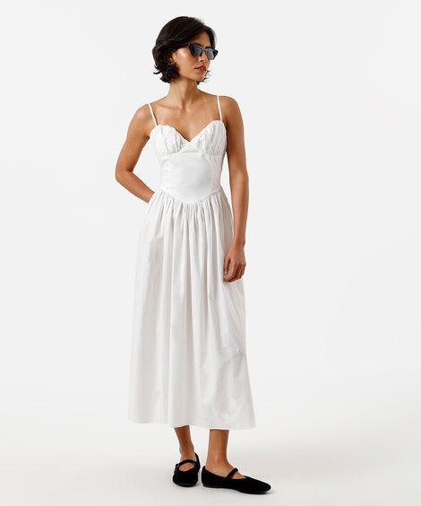 vestido midi feminino de algodão alça fina com recortes e franzidos off white