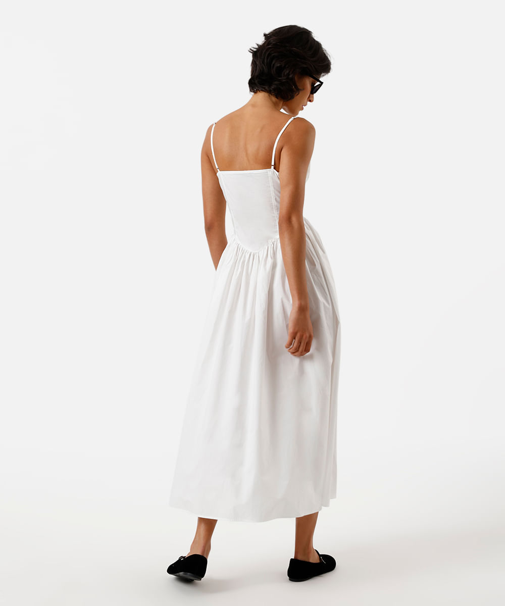 vestido midi feminino de algodão alça fina com recortes e franzidos off white