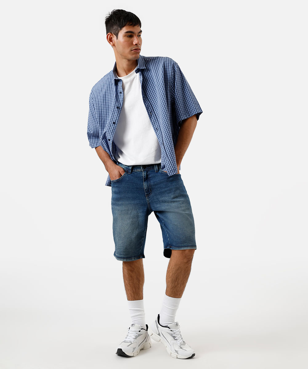 bermuda reta masculina jeans dirty azul