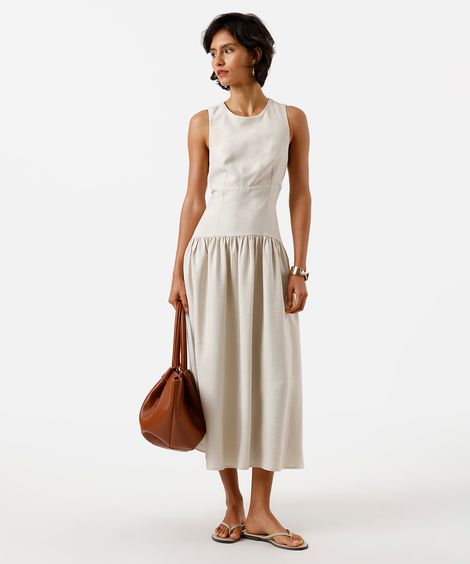 vestido midi feminino de viscose com recortes bege
