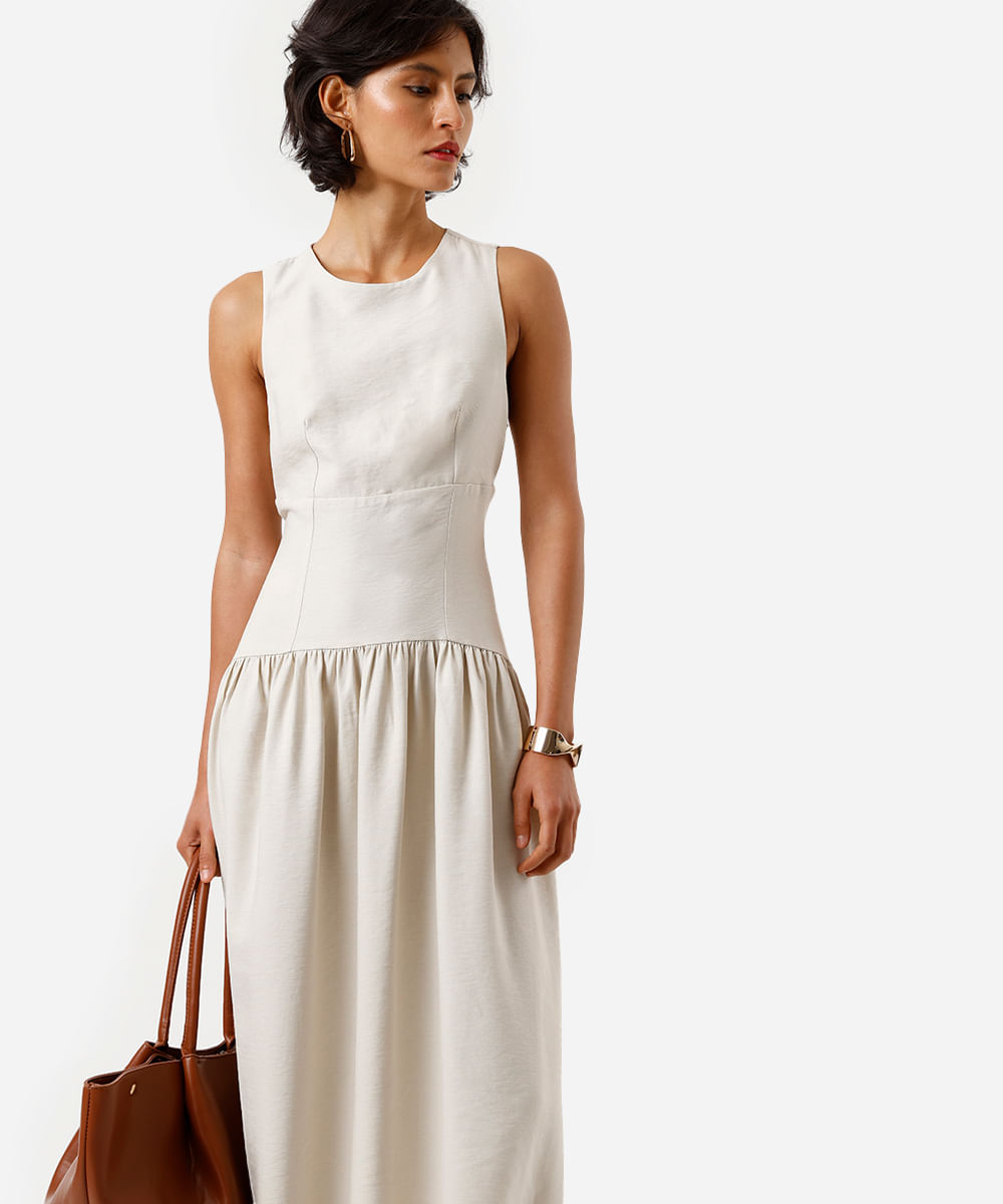 vestido midi feminino de viscose com recortes bege