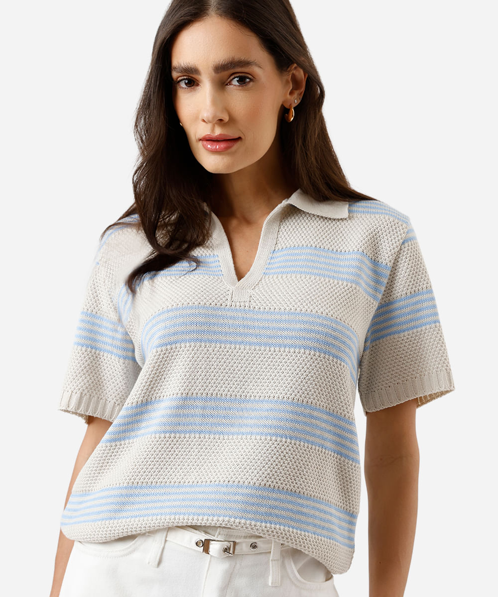 polo feminina de tricot listrada azul