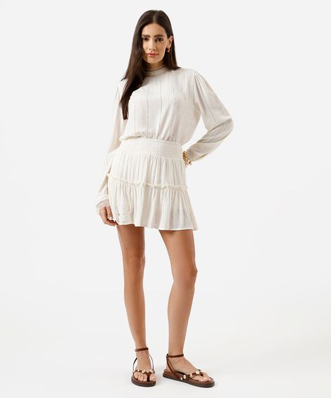 shorts saia feminino de viscose com recorte bordado bege