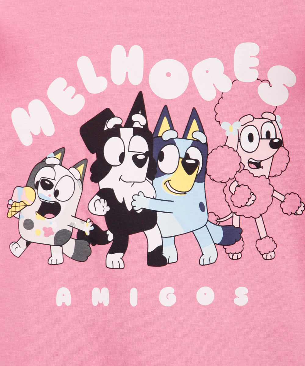 camiseta infantil de algodão bluey e melhores amigos rosa
