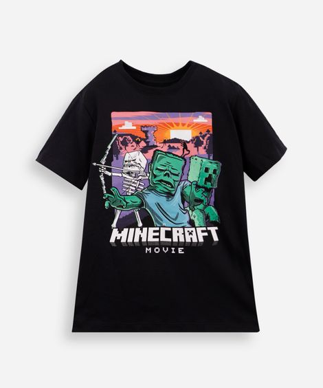 camiseta infantil de algodão minecraft preta