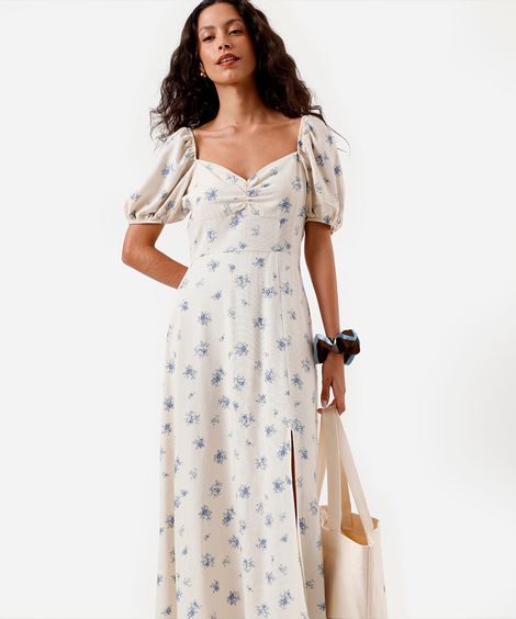 vestido midi feminino com linho e fenda floral off white