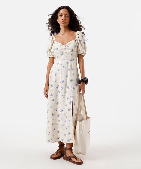 vestido midi feminino com linho e fenda floral off white