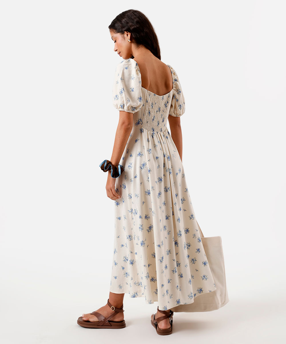 vestido midi feminino com linho e fenda floral off white